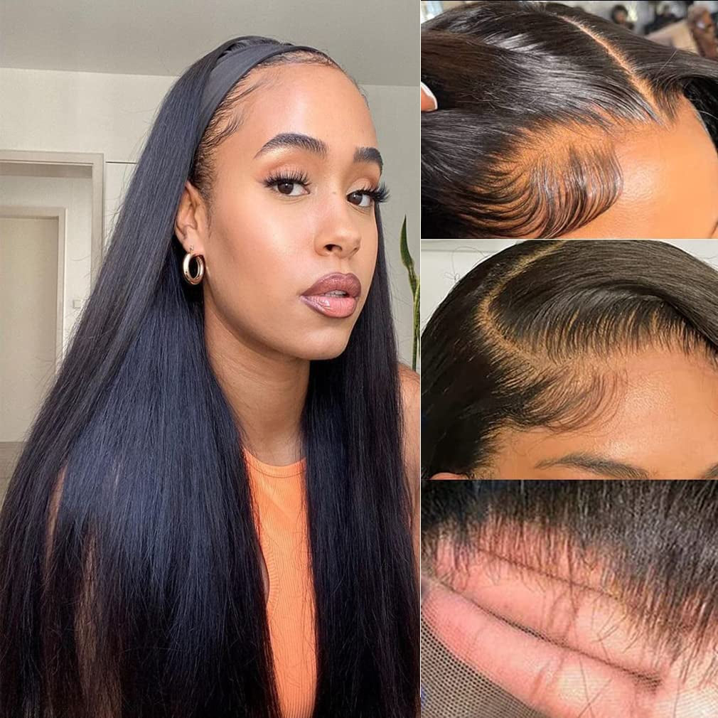 13X6 Lace Front Human Hair Wig Straight Pre Plucked with Baby Hair Natural Hairline 180% Density Glueless 22 Inch Natural Color