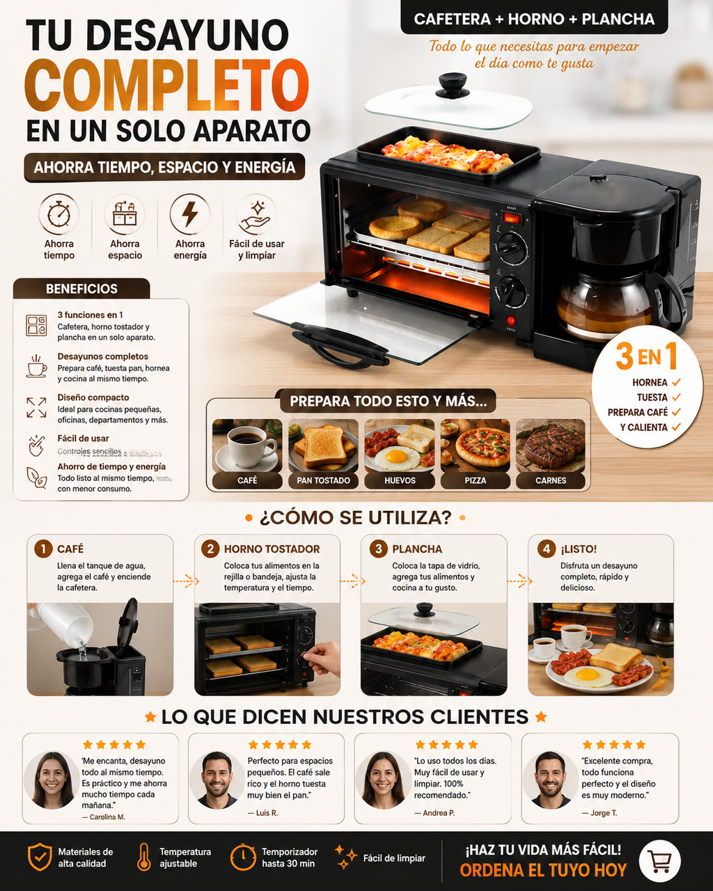 Horno Tostador 3 en 1 con Cafetera y Sartén