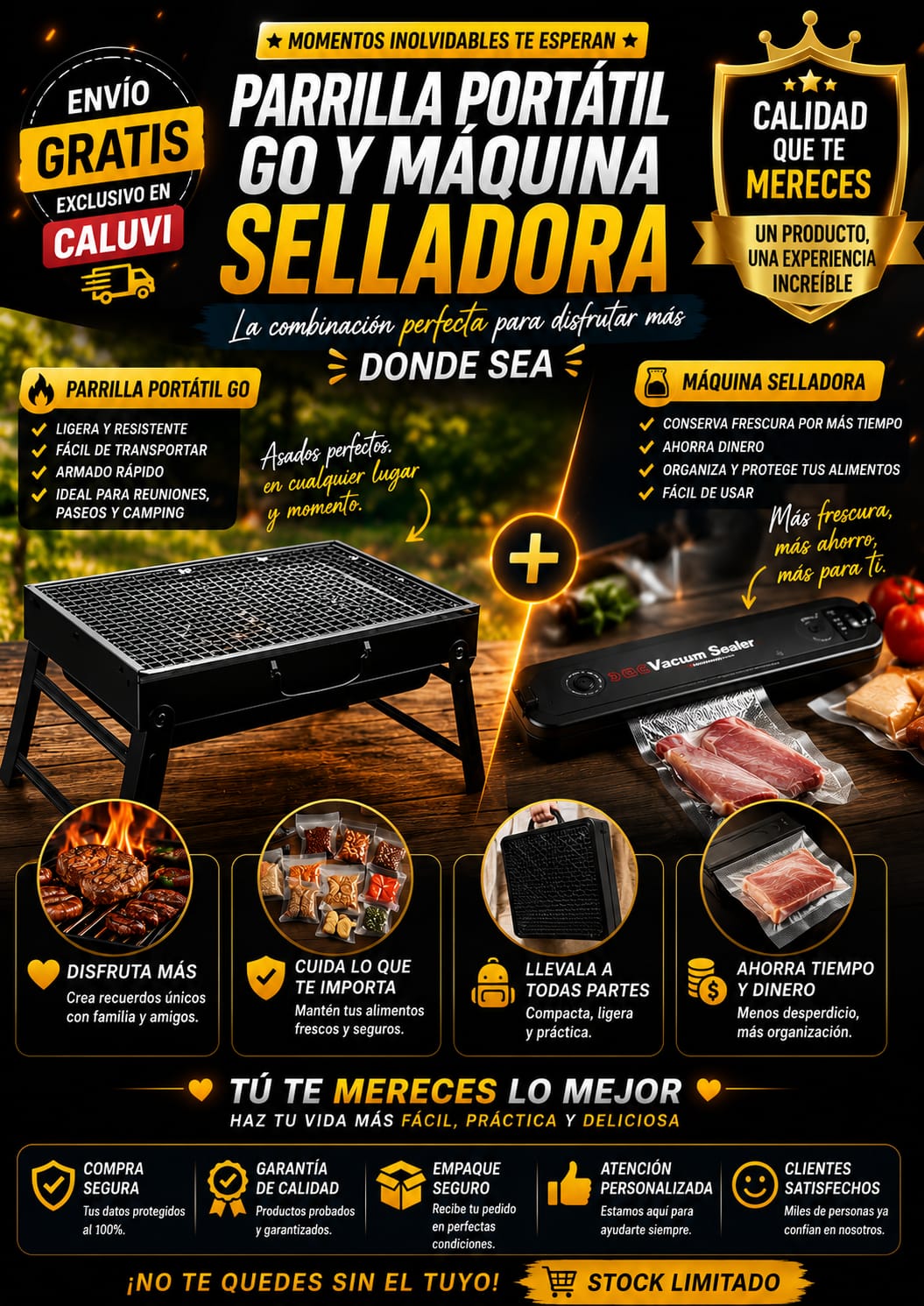 Parrilla Portatil Go y Maquina Selladora