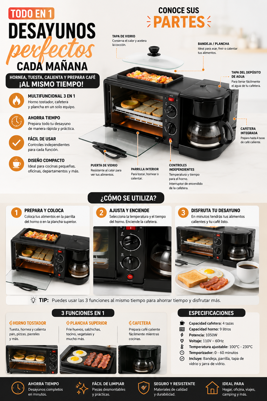 Horno Tostador 3 en 1 con Cafetera y Sartén
