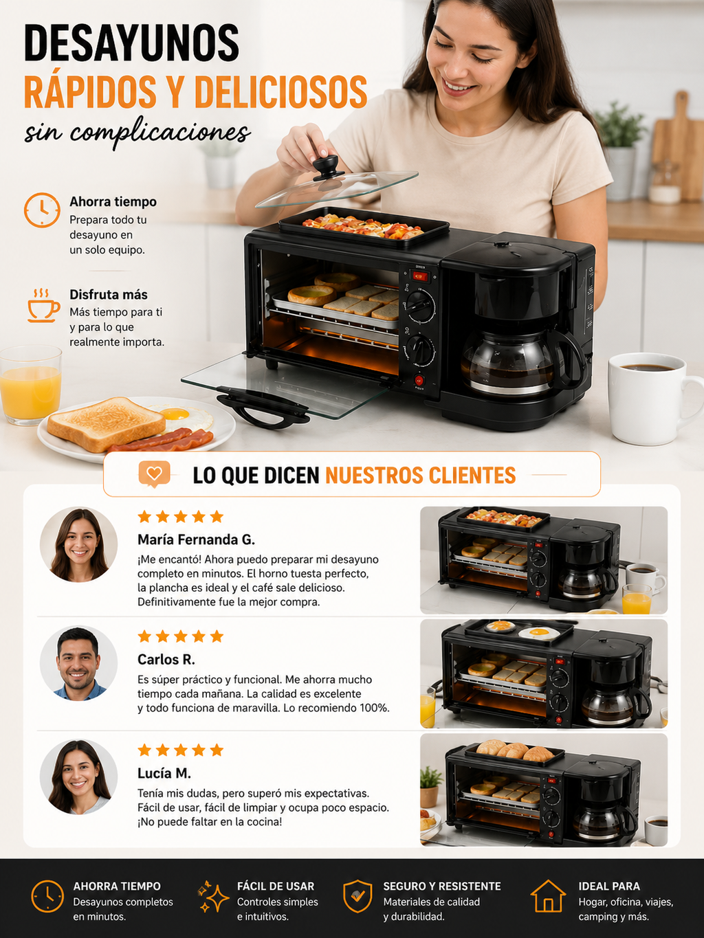 Horno Tostador 3 en 1 con Cafetera y Sartén