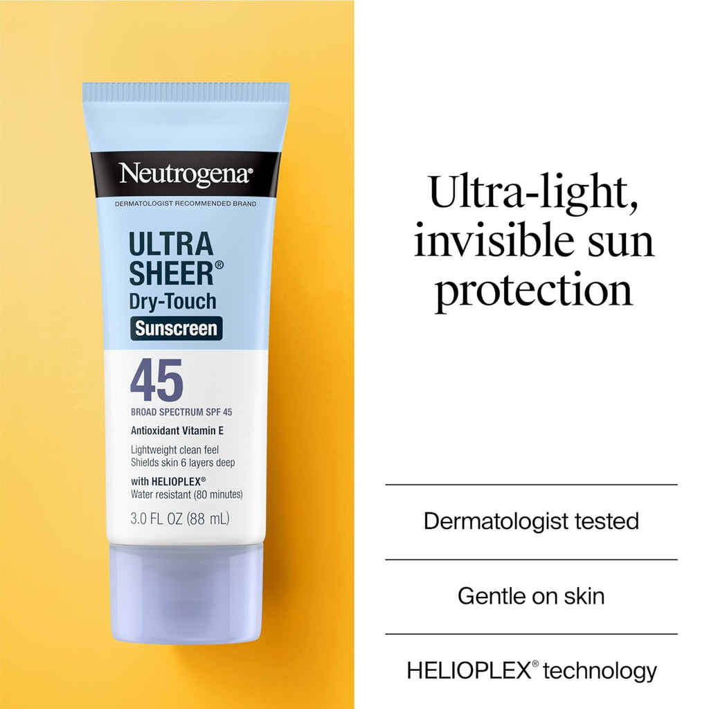 Neutrogena Ultra Sheer Dry-Touch Sunscreen for Face & Body, SPF 45 Broad Spectrum UVA/UVB Protection, Lightweight Water Resistant & Non-Greasy, Travel Size Sunscreen, 3 Fl. Oz 2 Pack